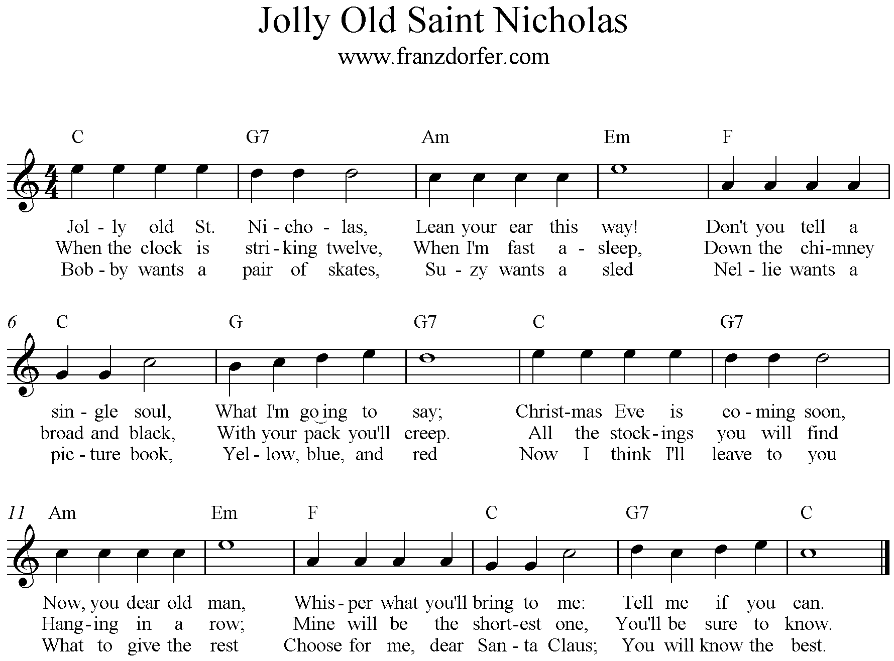 sheetmusic, Jolly Old Saint Nicholas, C-Major high